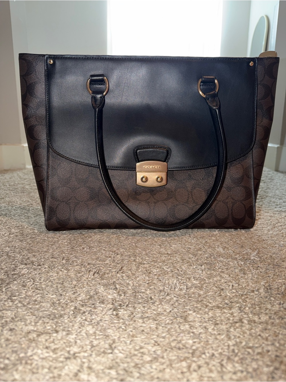 Coach Brown Signature Canvas and Black Leather Tote with Gold Hardware